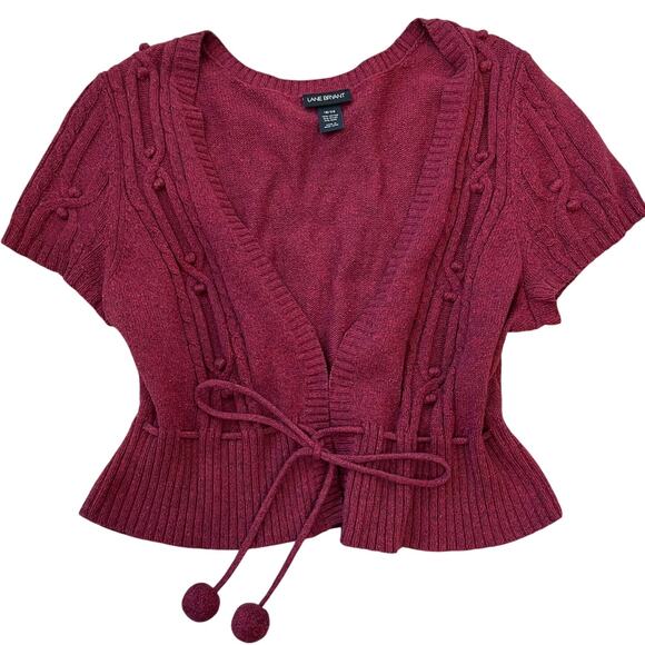 Vintage Y2K Lane Bryant Cable Knit Sweater Short Sleeve Top Tie Front Red 18/20 - Picture 1 of 6